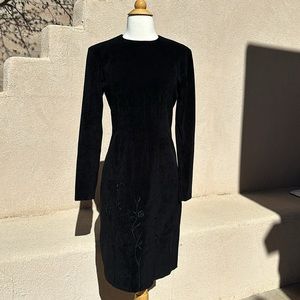 Y2K 90s Black Long Sleeve A-Line Dress Embroidered Floral Front